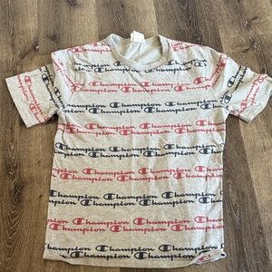 Champion Repeat Logo Tee - Gray with Red & Navy Print